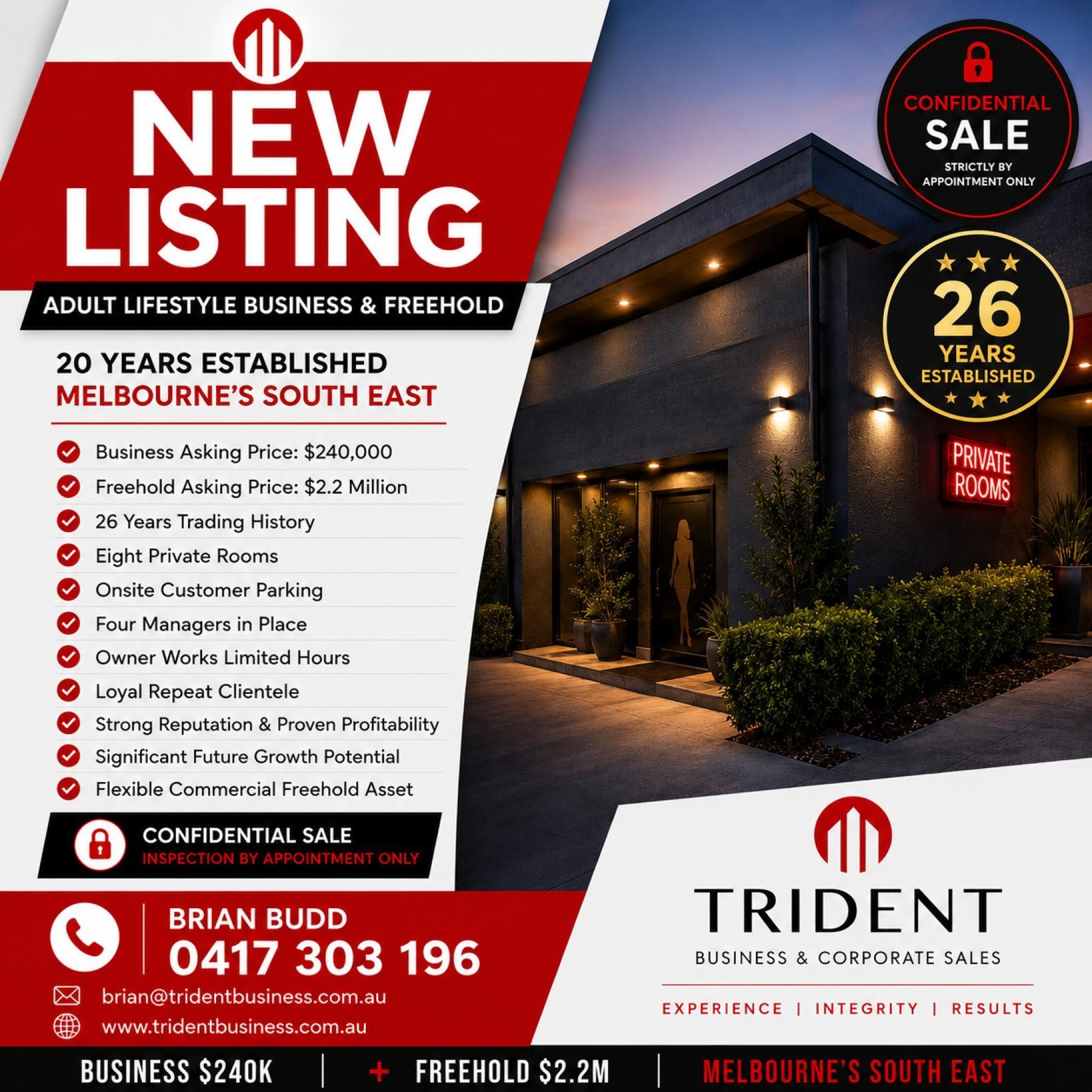 ADULT LIFESTYLE BUSINESS & FREEHOLD 26-Year Trading | Business $240,000 + Freehold $2.2 Million |